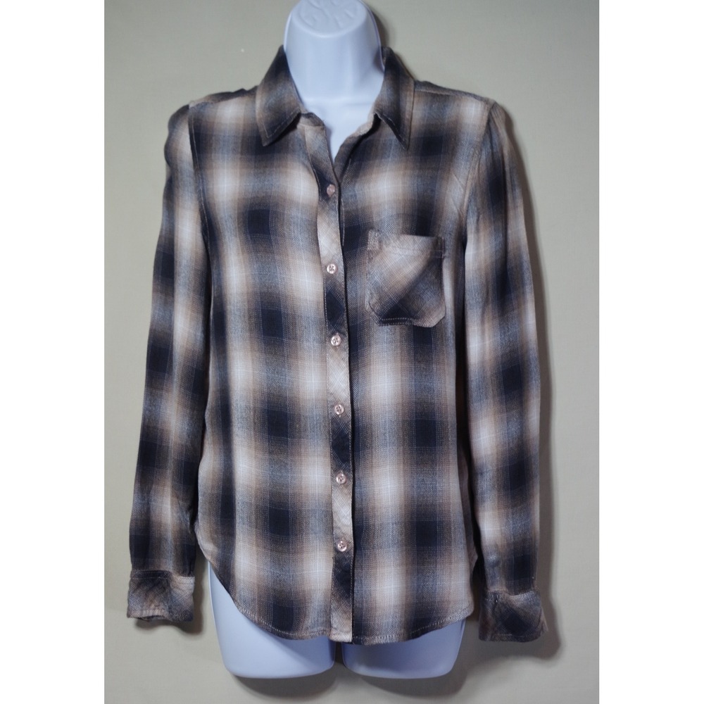 Lola River Women's Size Small Brown Black Plaid Button-Down Viscose Shirt